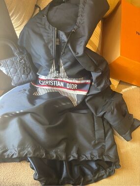 Dior Navy Blue Hooded Jacket with Red and White Logo Stripe